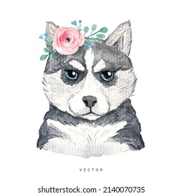 Hand painted watercolor dog portrait, husky with floral wreath 
