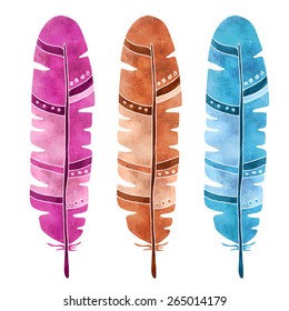 Hand painted watercolor feathers closeup isolated on white background set. Art design elements