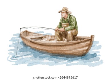 Pintado à mão aquarela pesca em barco de madeira