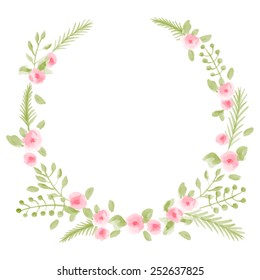 Hand Painted Watercolor Floral Round Frame. Vector Illustration