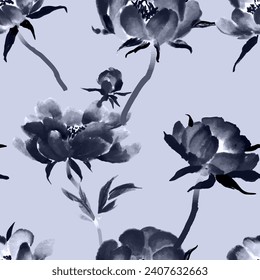 Hand painted watercolor floral vector seamless pattern with dark peony flowers, stems and leaves on purple background.