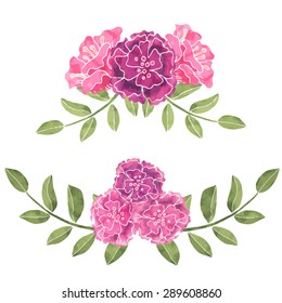 Hand painted watercolor flowers roses, leaves, bouquet, border set closeup isolated on white background 
