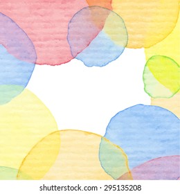 Hand painted watercolor frame. Colorful circles background. Blue, red, orange, yellow color. Vintage template for a wedding or baby shower invitation, birthday card, scrapbooking. Vector illustration.
