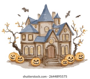 Hand painted watercolor halloween haunted house