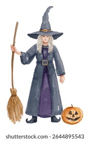 Hand painted watercolor halloween witch with hat, pumpkin, and broomstick 