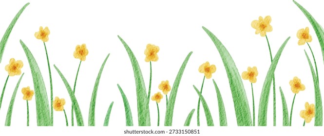 Hand painted watercolor horizontal border featuring delicate yellow wildflowers and fresh green grass. Perfect for footer designs, spring themed banners, and nature inspired stationery on a clean white background.
