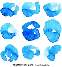 Hand painted watercolor illustration. Abstract color splashing in blue colors isolated on white background	