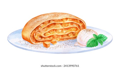 Hand painted watercolor illustration of Apple Strudel dessert on plate