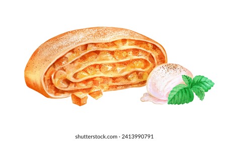 Hand painted watercolor illustration of Apple Strudel dessert on plate