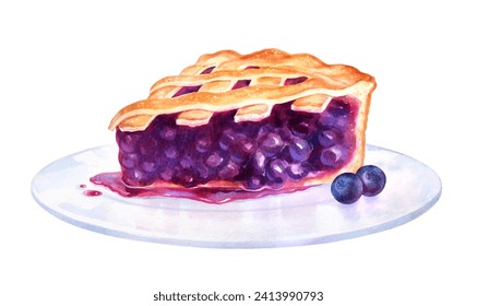 Hand painted watercolor illustration of Blueberry Pie on plate