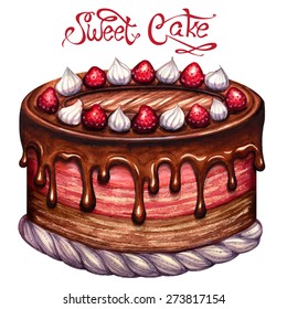 Hand painted watercolor illustration. Chocolate cake with a little strawberry and white cream.Vectorized watercolor drawing. Vintage poster design.  Isolated on white background.