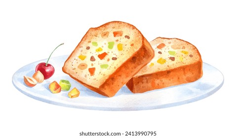 Ilustración de acuarela pintada a mano del pastel de fruta en placa