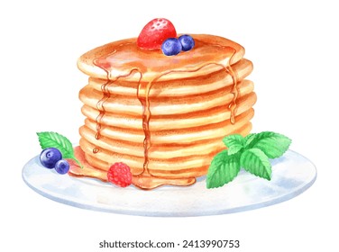 Hand painted watercolor illustration of Pancakes dessert on plate