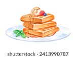 Hand painted watercolor illustration of Waffles dessert on plate