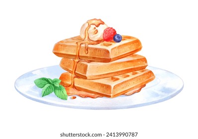 Hand painted watercolor illustration of Waffles dessert on plate