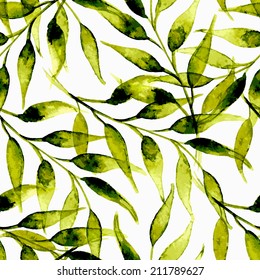 hand painted watercolor ink leaves seamless floral pattern vector background. bamboo pattern
