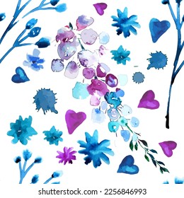 hand painted watercolor ink leaves seamless floral pattern. Seamless watercolor blue background with flowers and branches. Vector illustration - Shutterstock ID 2256846993