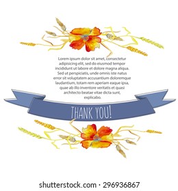 Hand painted watercolor invitation card of wreath with poppies, grass and leaves. Design element for summer, autumn, wedding, spring, thank you, congratulation card.