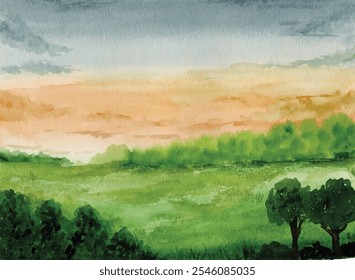 Prado de acuarela pintado a mano con árboles Vector de paisaje