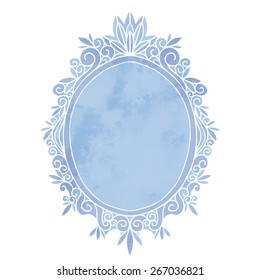 Hand painted watercolor mirror in vintage blue frame with pattern closeup isolated on white background. Art design element 