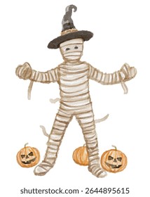 Hand painted watercolor mummy with pumpkin halloween