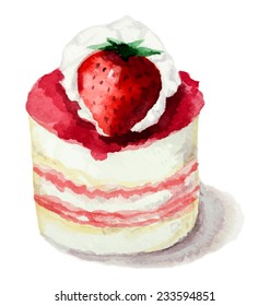 Hand painted watercolor  piece of cake. with strawberries. Vector illustration.