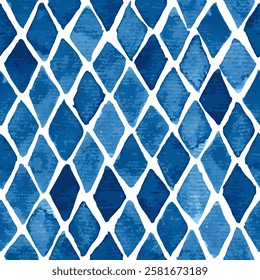 Hand painted watercolor rhombuses background in blue. Seamless vector pattern
