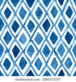 Hand painted watercolor rhombuses and diagonal grid in blue. Seamless vector pattern
