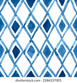 Hand painted watercolor rhombuses and diagonal grid in blue. Seamless vector pattern
