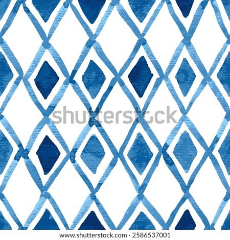 Hand painted watercolor rhombuses and diagonal grid in blue. Seamless vector pattern

