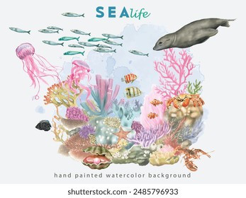 hand painted watercolor sea life background