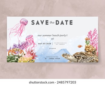 hand painted watercolor sea life party invitation