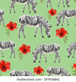 Hand painted watercolor seamless background. Isolated zebras and red hibiscuses on green background. Vector illustration.