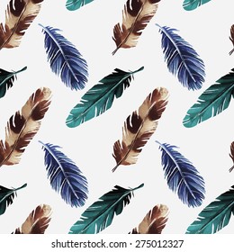 Hand painted watercolor seamless pattern with colorful feathers on white background. Tribal art ethnic texture. Cloth design, wallpaper, wrapping