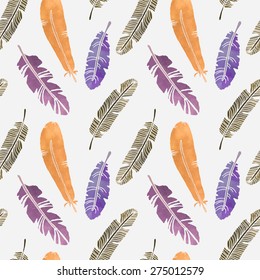 Hand painted watercolor seamless pattern with colorful feathers on white background. Tribal art ethnic texture. Cloth design, wallpaper, wrapping