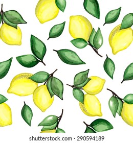 Hand painted watercolor seamless pattern with lemons. Vector illustration.
