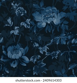 Hand painted watercolor seamless vector pattern with big dark blue peony flowers , leaves and branches on black background. 