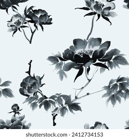 Hand painted watercolor seamless vector floral pattern with dark monochrome peonies and roses, leaves and stems on light blue background.