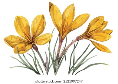 Hand painted watercolor set of spring flowers. Yellow Crocus and leaves isolated on a white background.