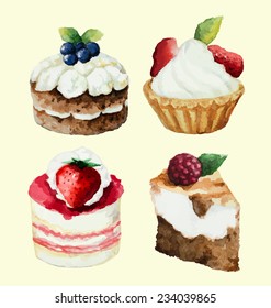 Hand painted watercolor set of sweet cupcakes. Vector illustration.