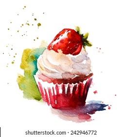 Hand painted watercolor strawberry muffin, vector