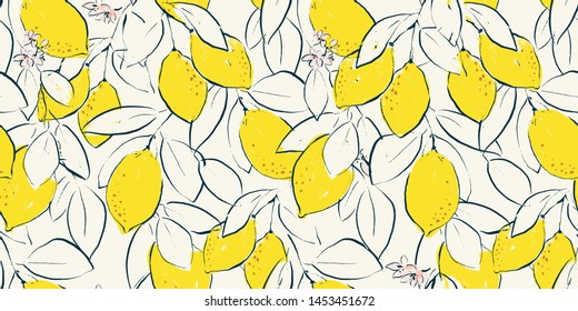 Hand painted watercolor style seamless lemon citrus fruit pattern background with cream and summer yellow featuring ink line art