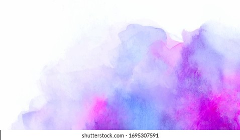 Hand painted watercolor texture. Abstract blue and lilac color splash on white background. Place for text. Vector illustration.