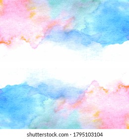 Hand painted watercolor texture. Abstract blue and pink color splash on white background. Place for text. Vector illustration.