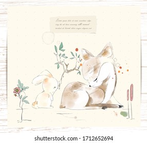 Hand painted watercolor tropical cute animal rabbit and deer on a branch with tropical flowers and leaves