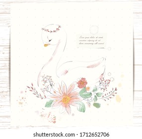 Hand painted watercolor tropical cute animal swan on a branch with tropical flowers and leaves