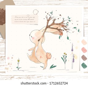 Hand painted watercolor tropical cute animal rabbit on a branch with tropical flowers and leaves