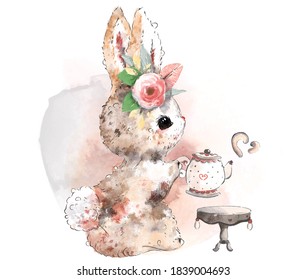 Hand painted watercolor tropical fluffy fur rabbit on a branch with tropical flowers, safari wall art.