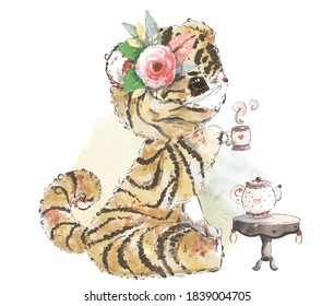 Hand painted watercolor tropical fluffy fur tiger on a branch with tropical flowers, safari wall art.