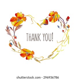 Hand painted watercolor vector floral invitation card with poppies, grass and leaves wreath with signature. Design element for summer, autumn, wedding, spring, thank you, congratulation card.